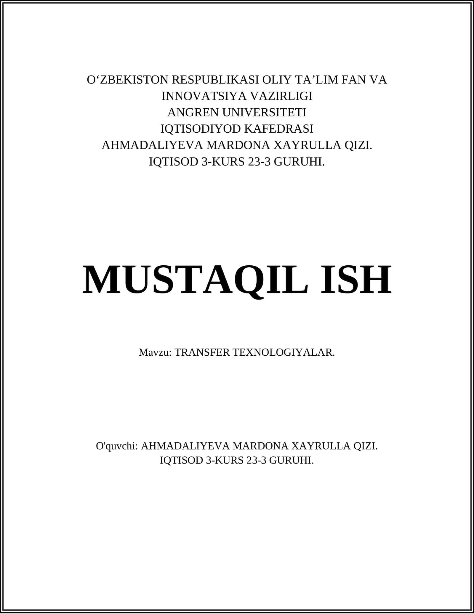 TRANSFER TEXNOLOGIYALAR 1