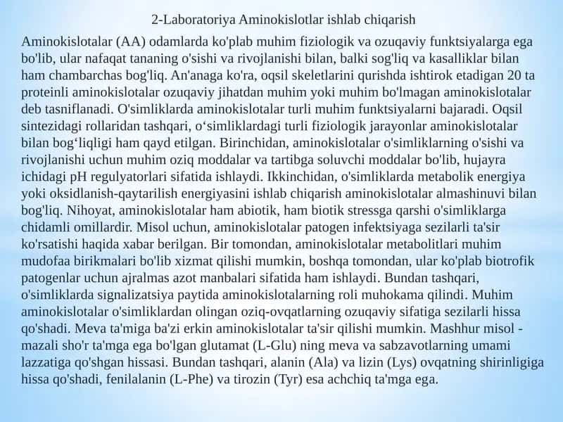 Laboratoriya Aminokislotlar ishlab chiqarish 1