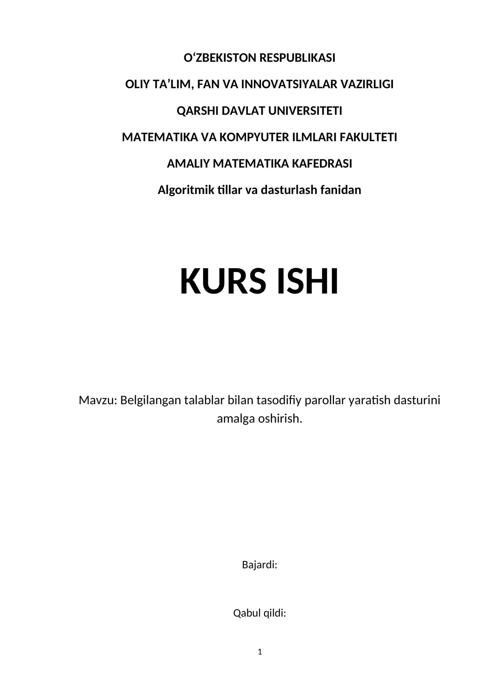 Algoritmik tillar va dasturlash fanidan KURS ISHI 1