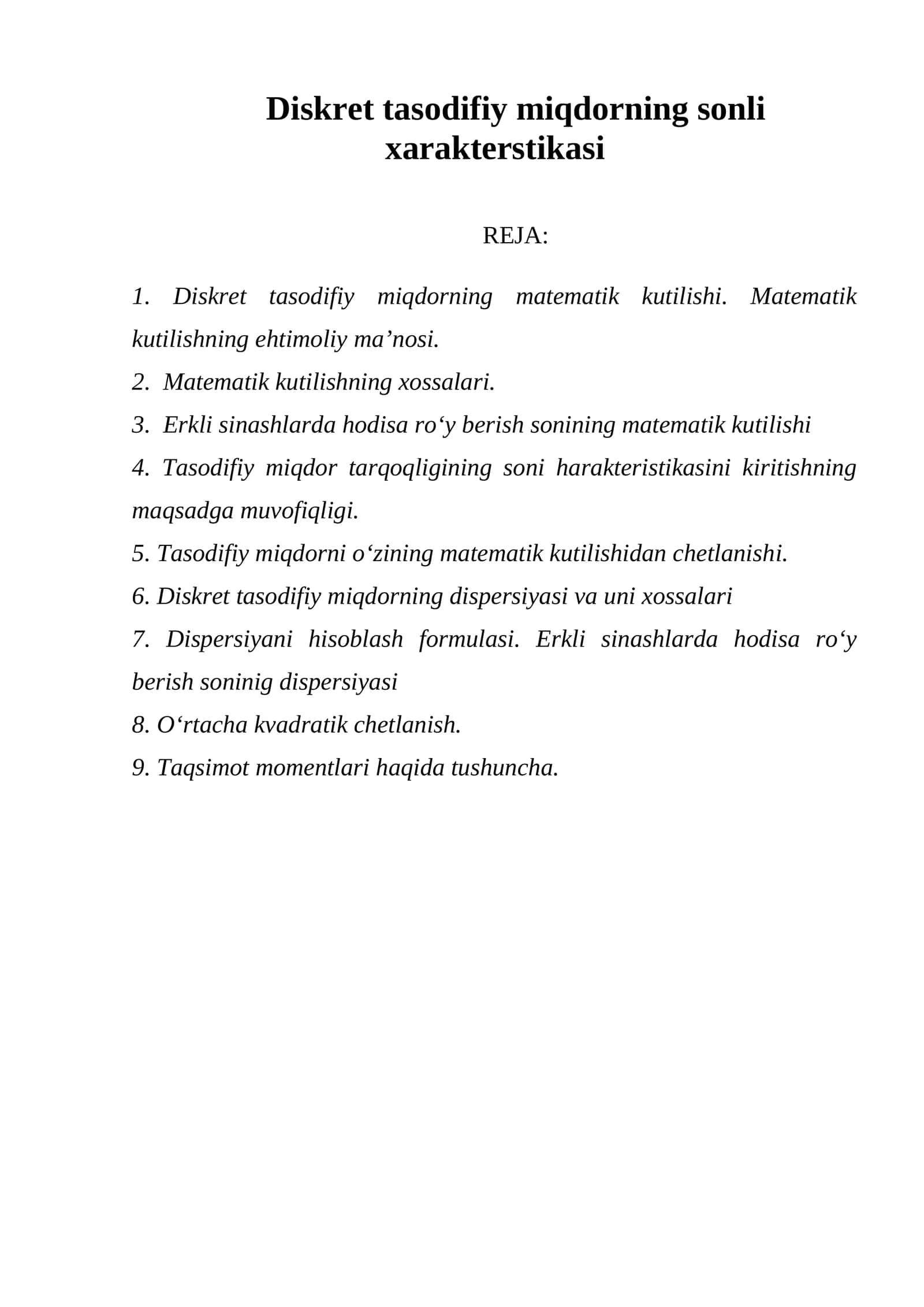Diskret tasodifiy miqdorning sonli xarakterstikasi 1
