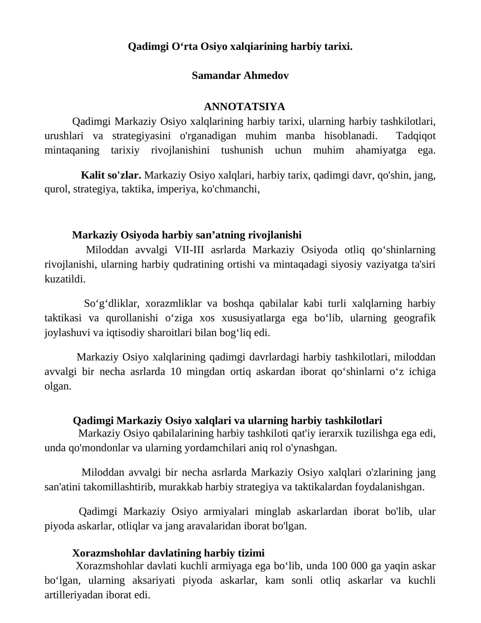 Qadimgi O‘rta Osiyo xalqiarining harbiy tarixi 1