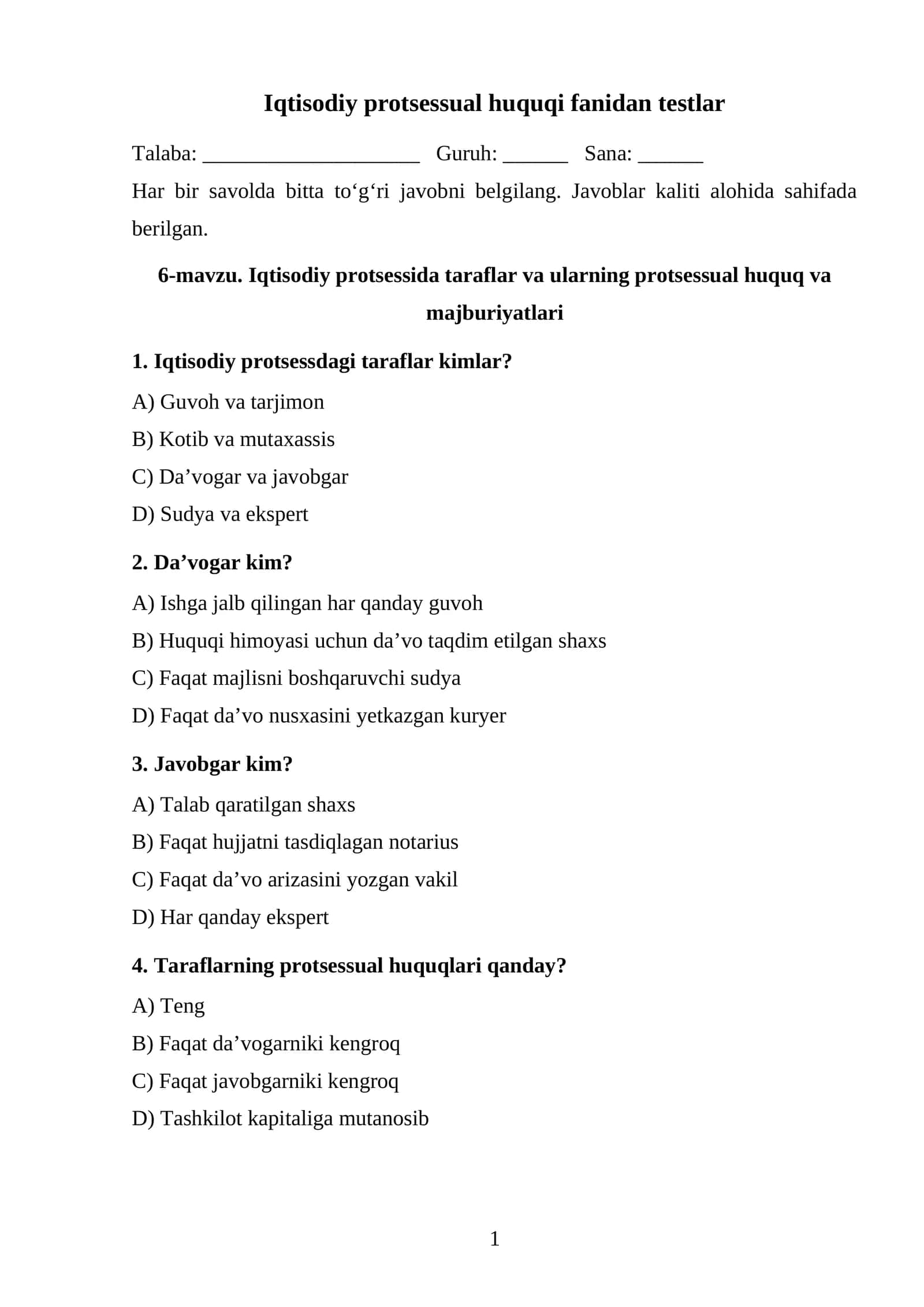 Iqtisodiy protsessida taraflar va ularning protsessual huquq va majburiyatlari TEST.docx 1