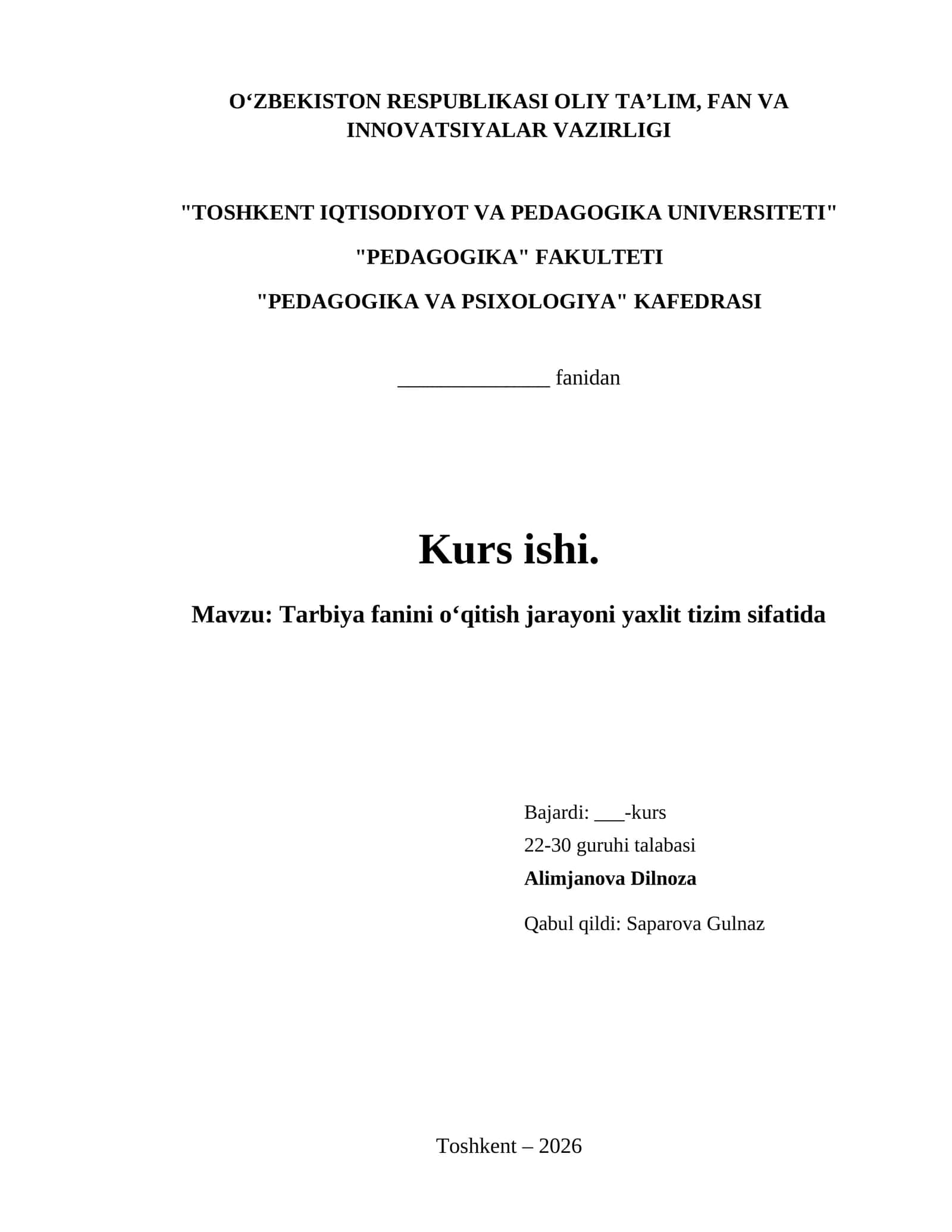 Tarbiya fanini oʻqitish jarayoni yaxlit tizim sifatida 1