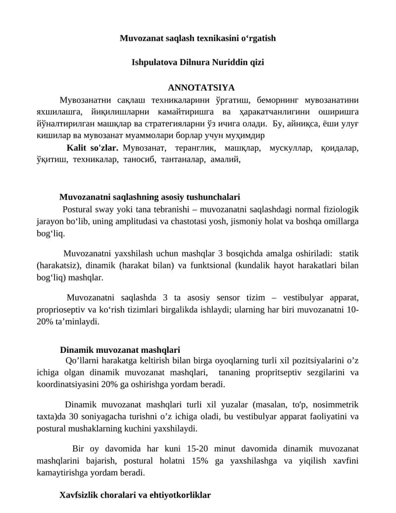Muvozanat saqlash texnikasini oʻrgatish 1