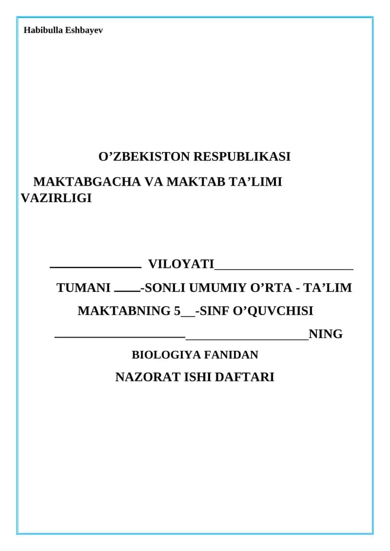 BIOLOGIYA FANIDAN NAZORAT ISHI DAFTARI 1