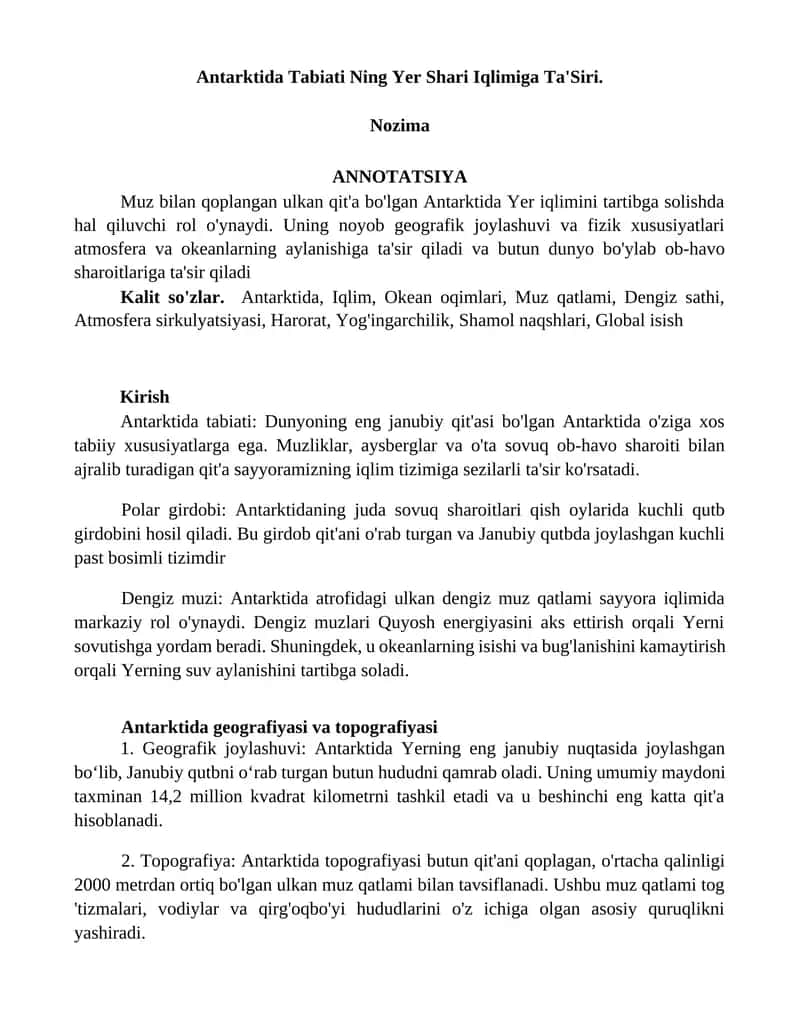 Antarktida Tabiati Ning Yer Shari Iqlimiga Ta'Siri 1