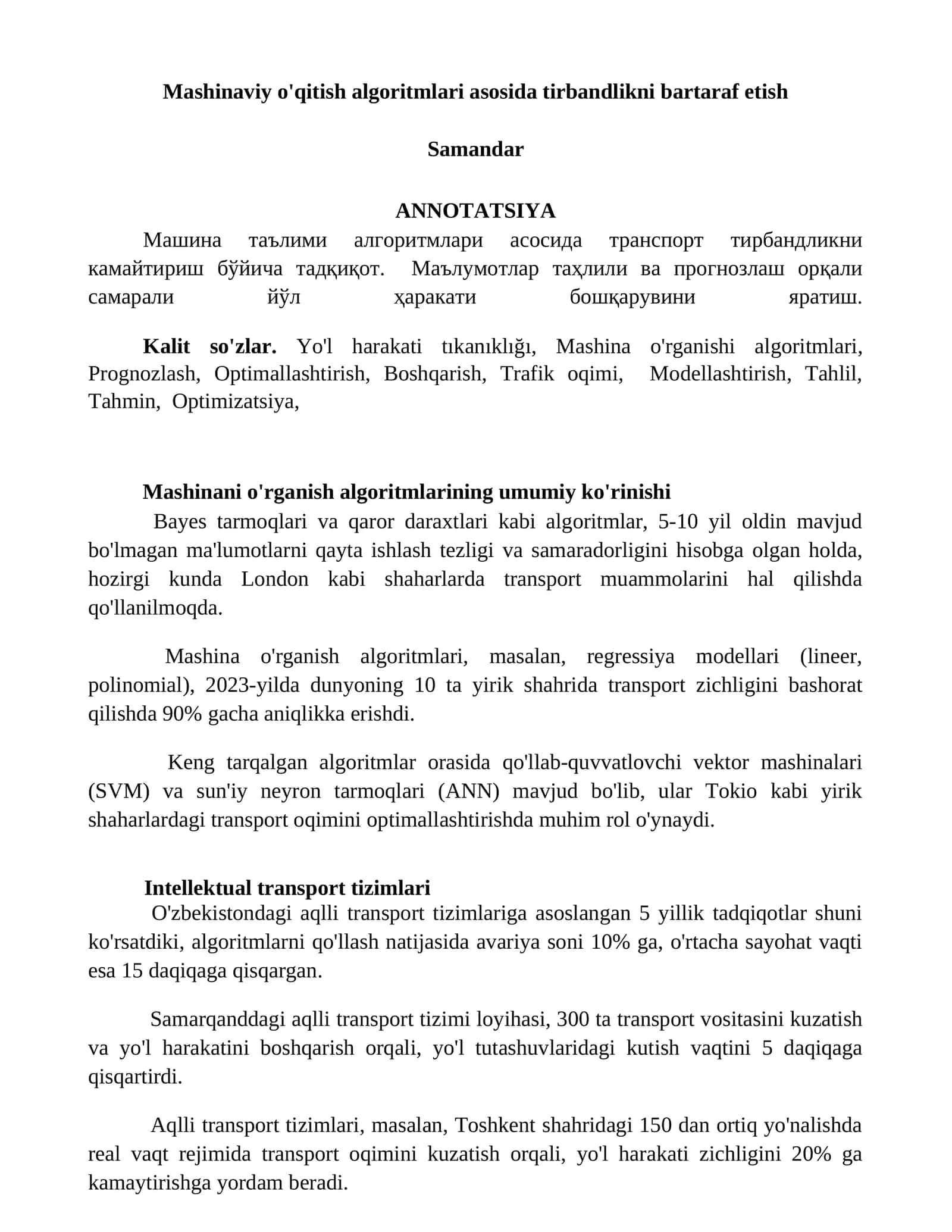 Mashinaviy o'qitish algoritmlari asosida tirbandlikni bartaraf etish 1