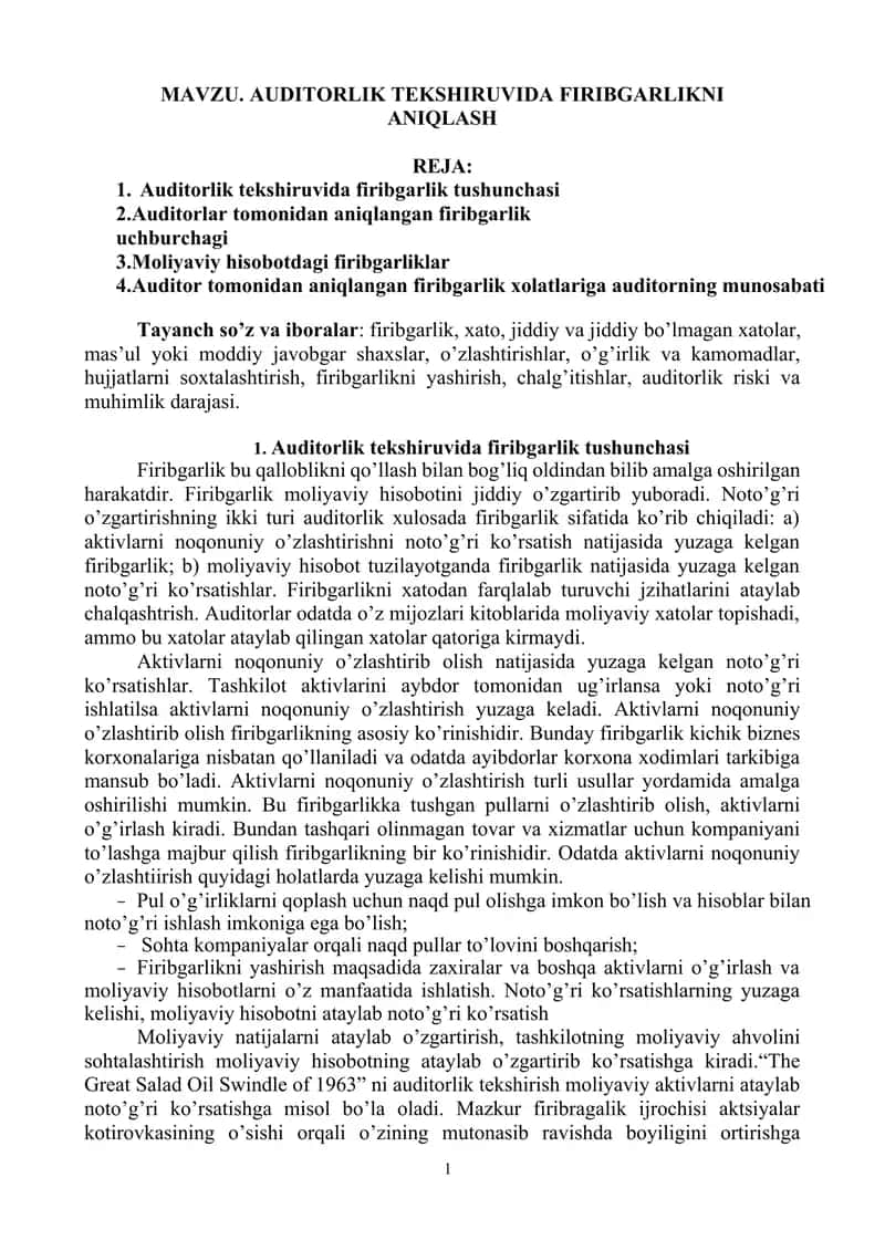 AUDITORLIK TEKSHIRUVIDA FIRIBGARLIKNI ANIQLASH 1