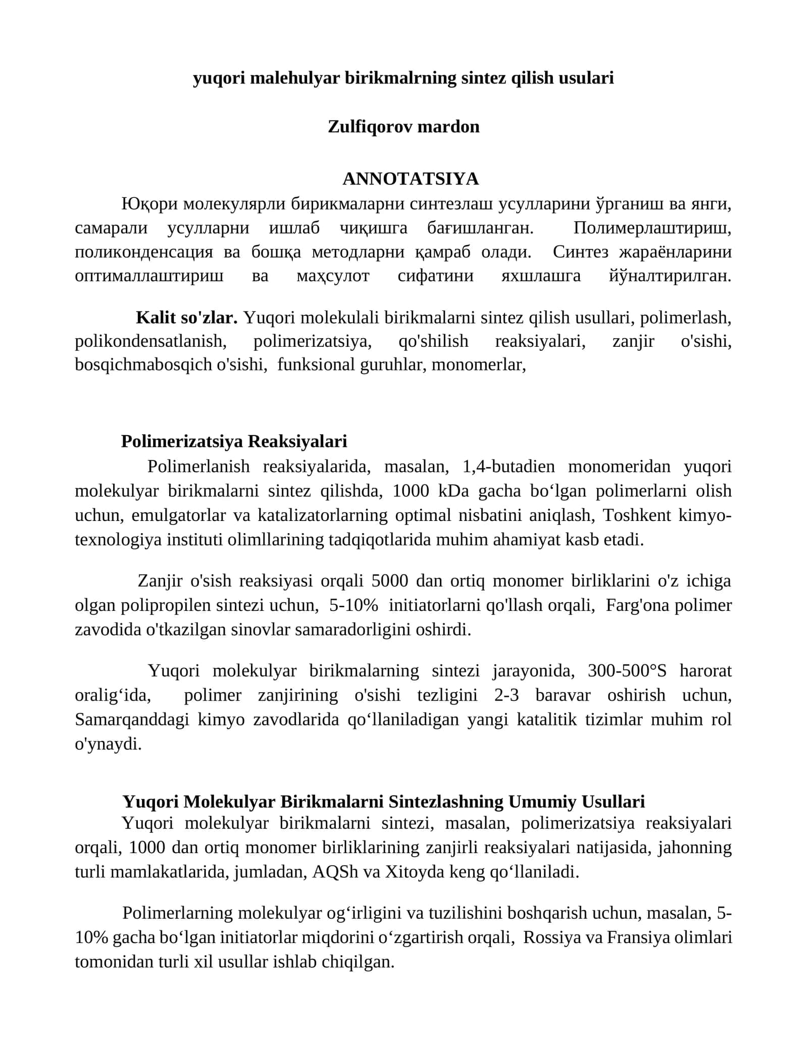 Yuqori malehulyar birikmalarning sintez qilish usullari 1