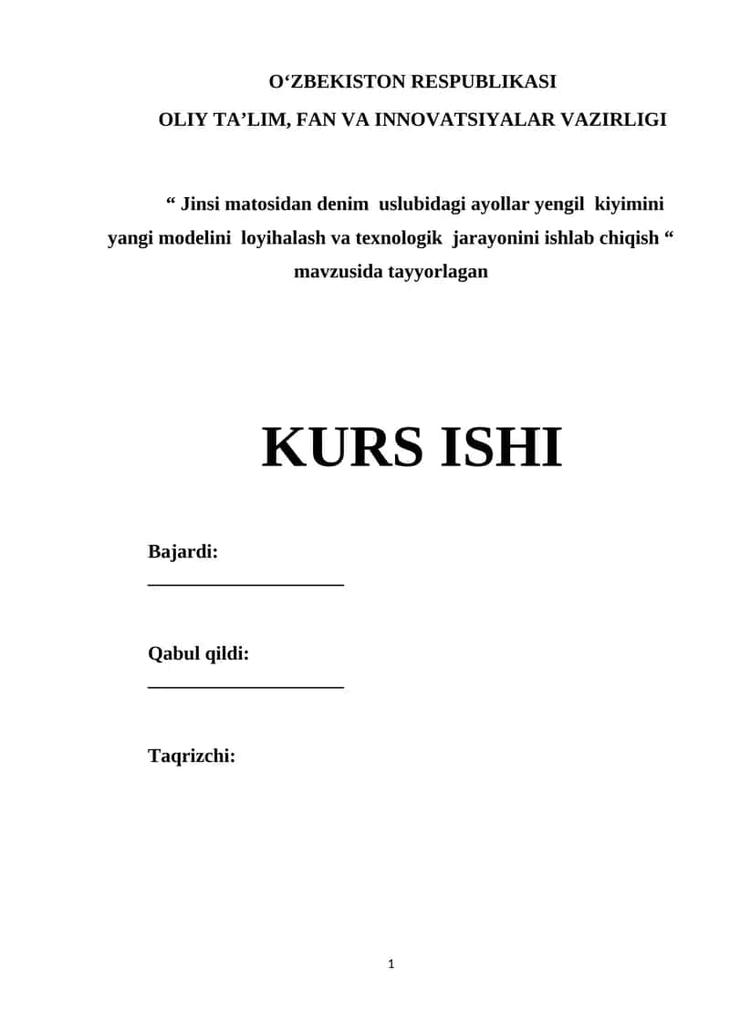 Jinsi matosidan denim  uslubidagi ayollar yengil  kiyimini yangi modelini  loyihalash va texnologik  jarayonini ishlab chiqish 1