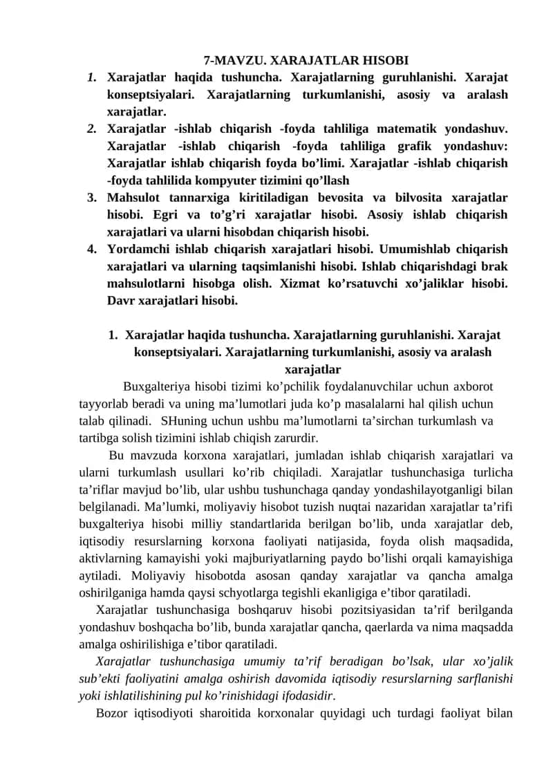 Xarajatlar hisobi 1