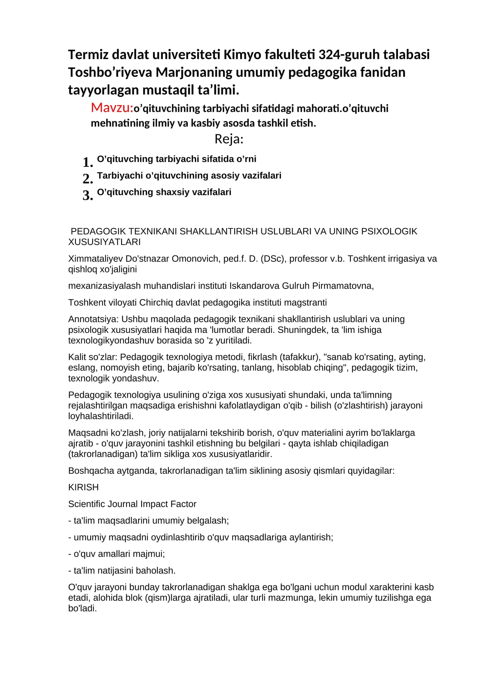 O'qituvchilar uchun pedagogik texnikalar 1