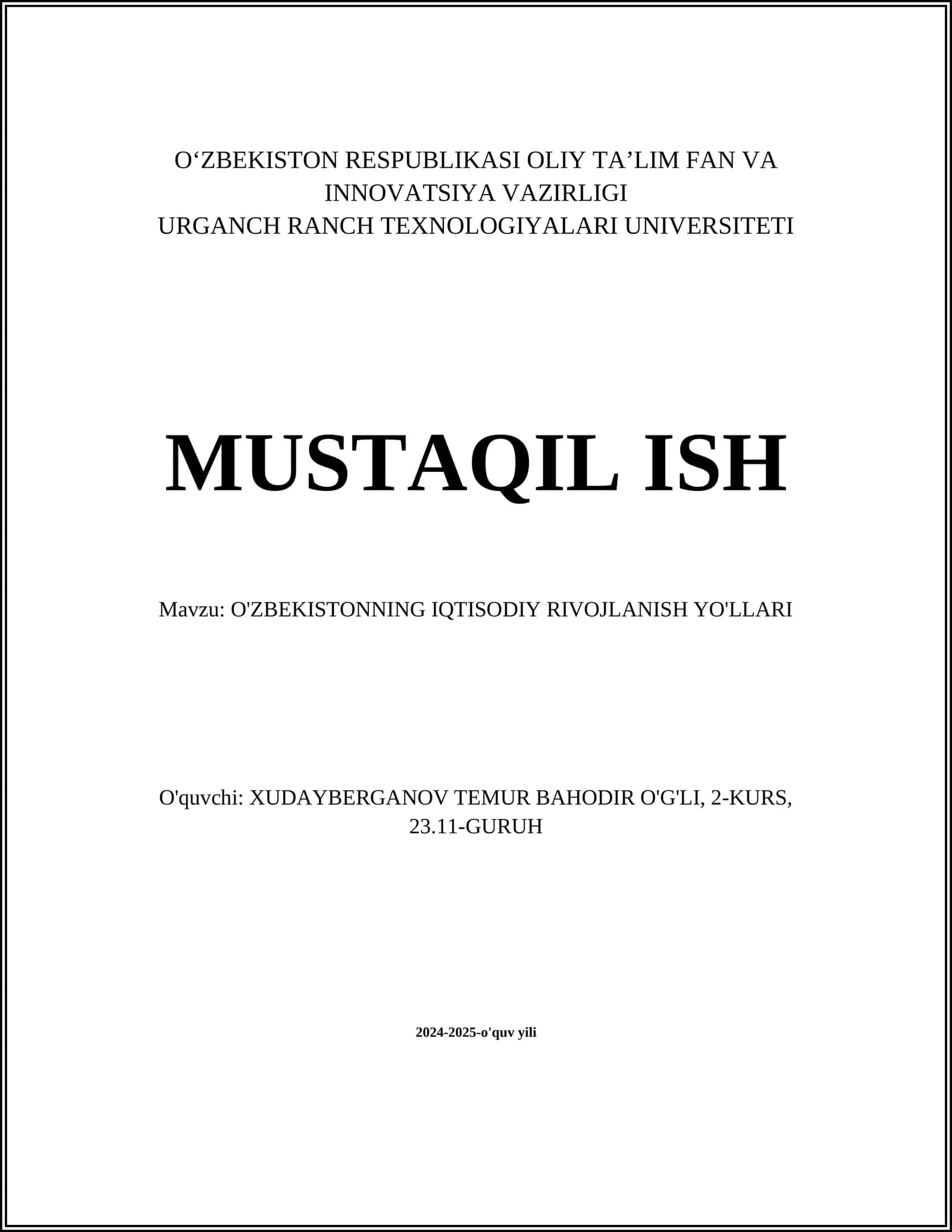 O'ZBEKISTONNING IQTISODIY RIVOJLANISH YO'LLARI 1
