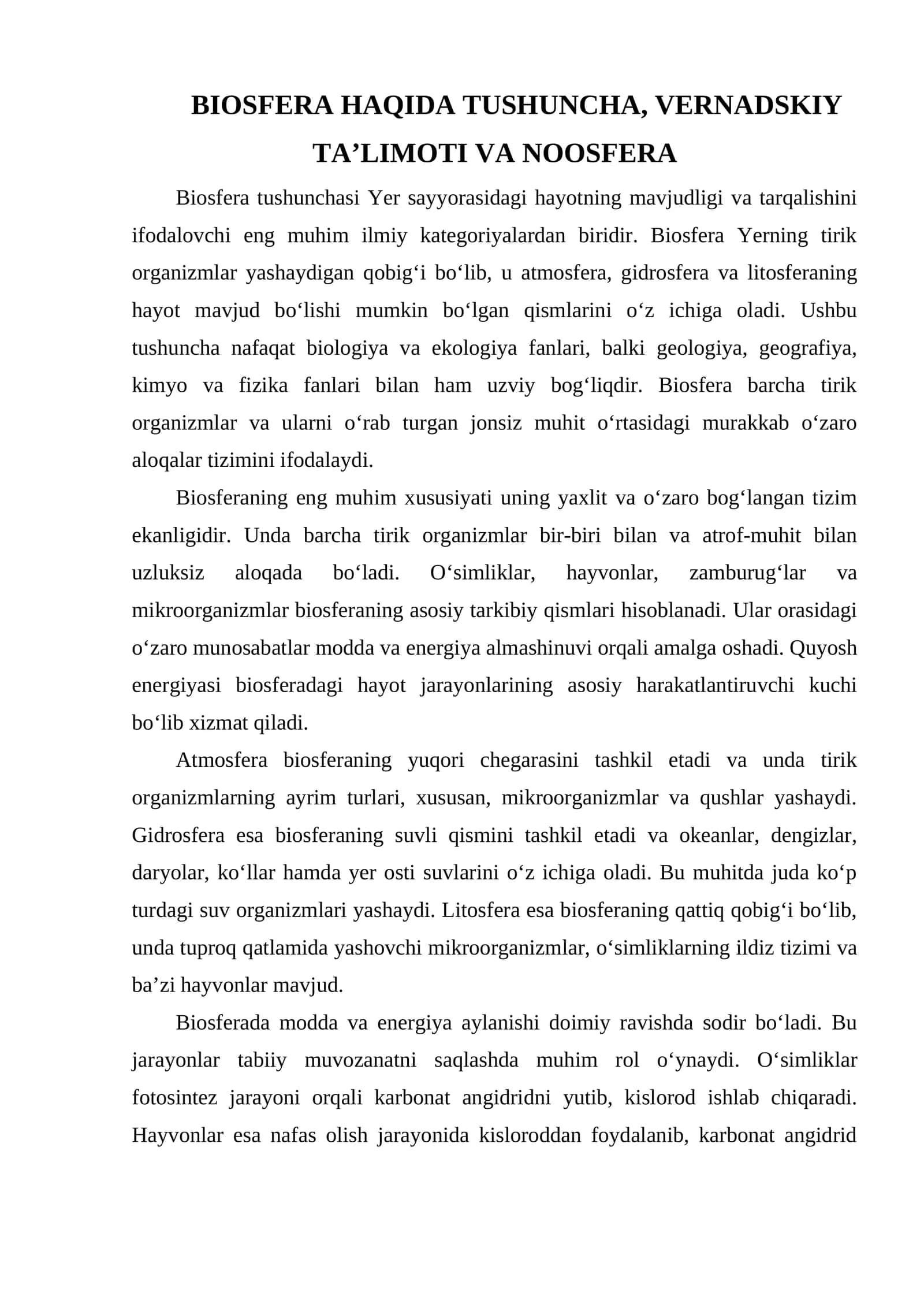 BIOSFERA HAQIDA TUSHUNCHA, VERNADSKIY TA’LIMOTI VA NOOSFERA 1
