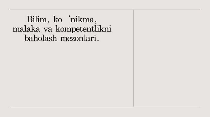 Bilim, ko‘nikma, malaka va kompetentlikni baholash mezonlari. 1