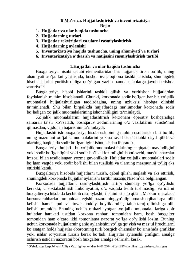 Hujjatlashtirish va inventarizatsiya 1