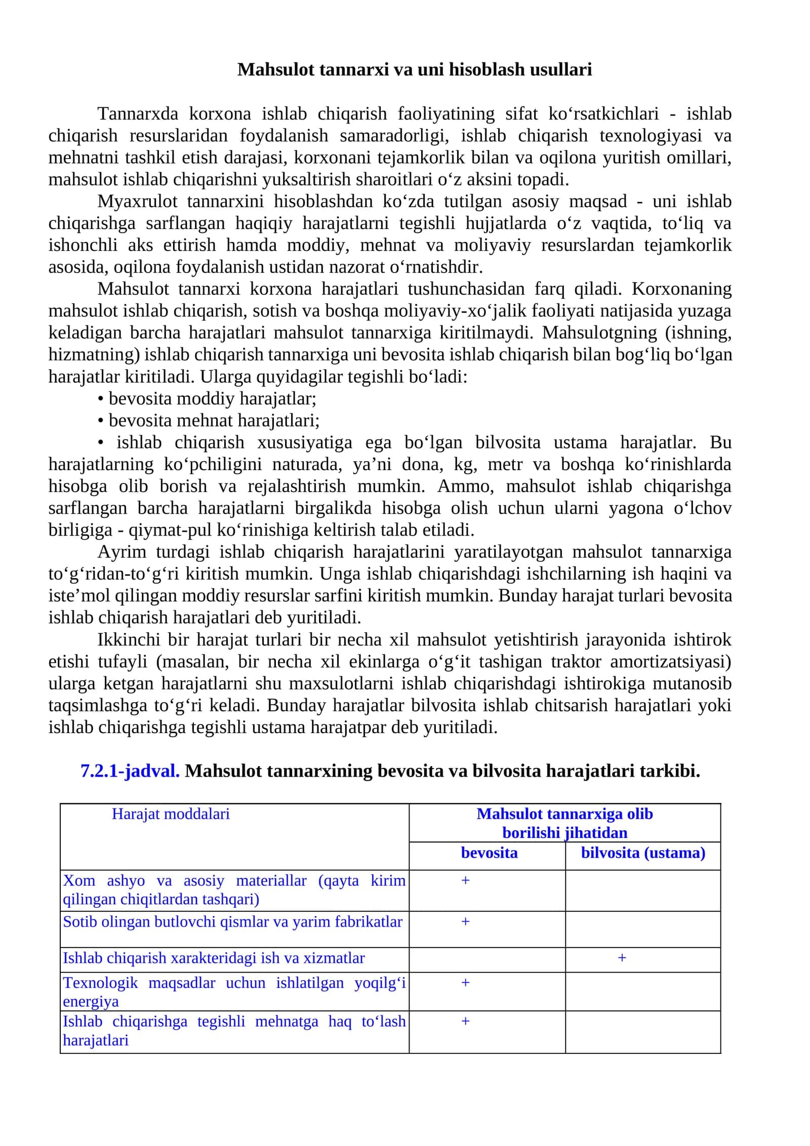 Mahsulot tannarxi va uni hisoblash usullari 1