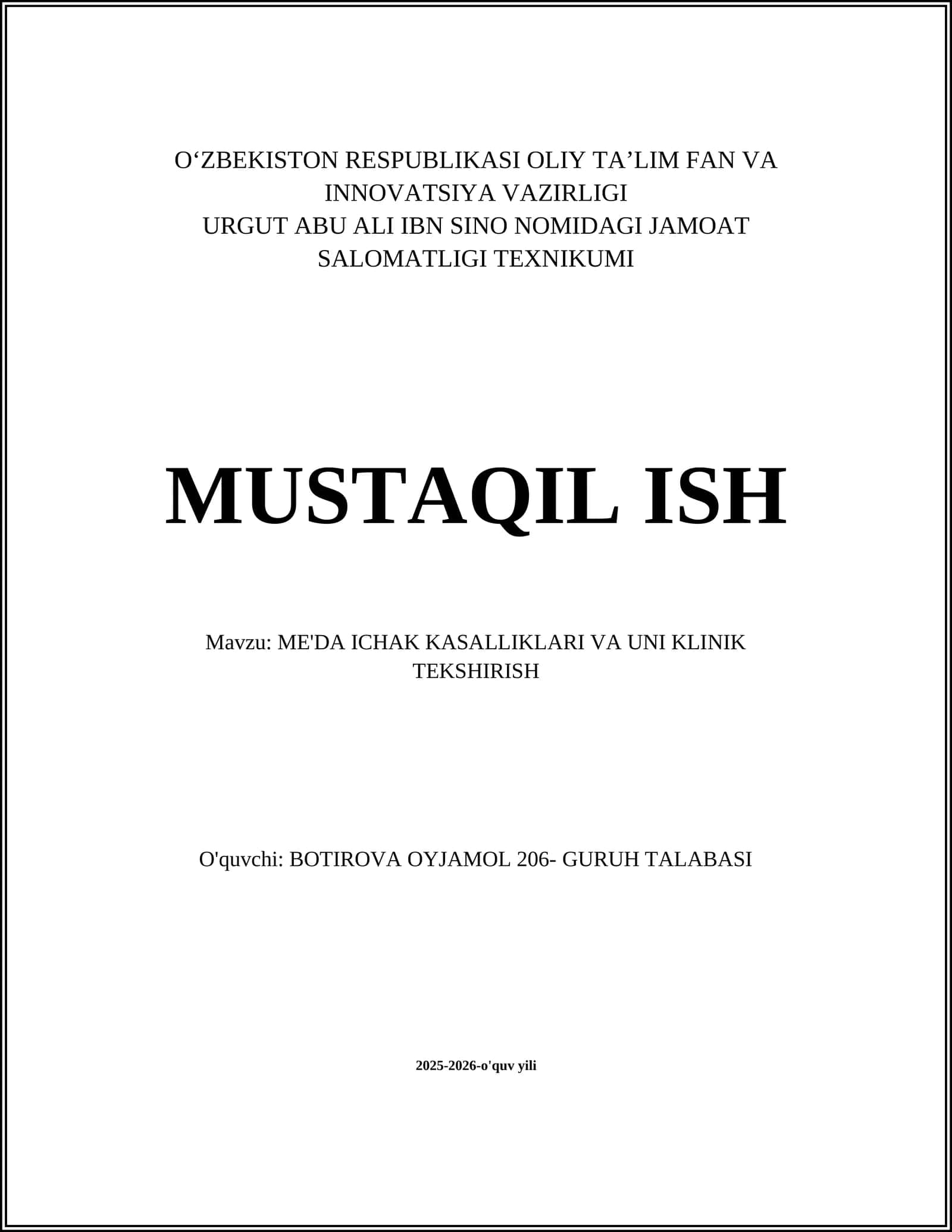 ME'DA ICHAK KASALLIKLARI VA UNI KLINIK TEKSHIRISH 1