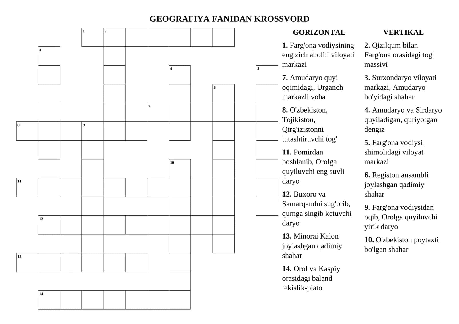 GEOGRAFIYA FANIDAN KROSSVORD 1