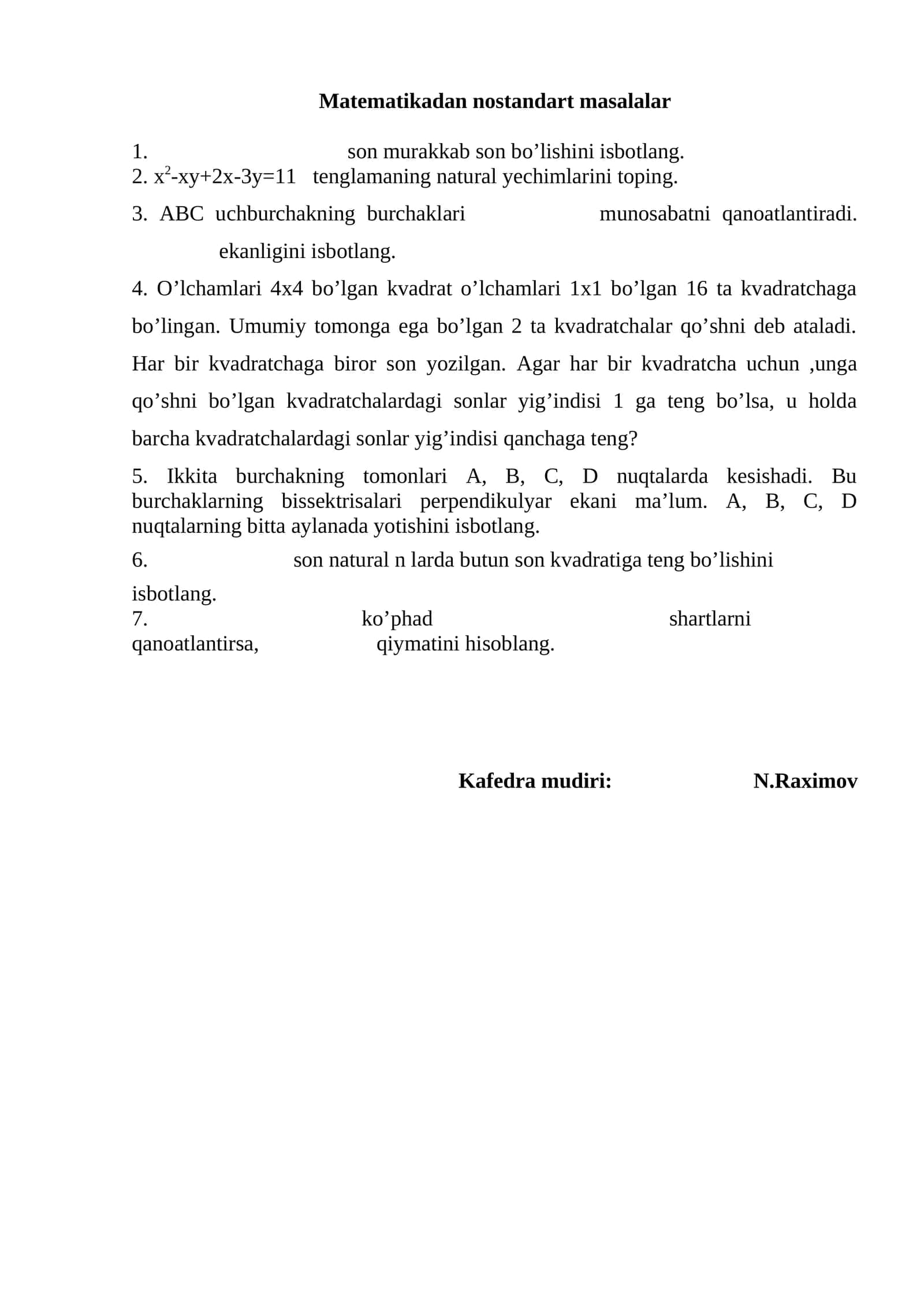 Matematikadan nostandart masalalar 1