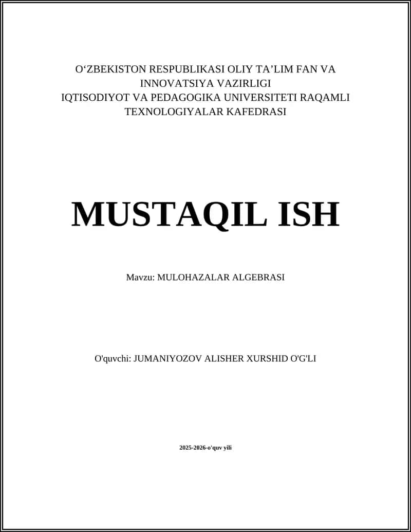 MULOHAZALAR ALGEBRASI 1