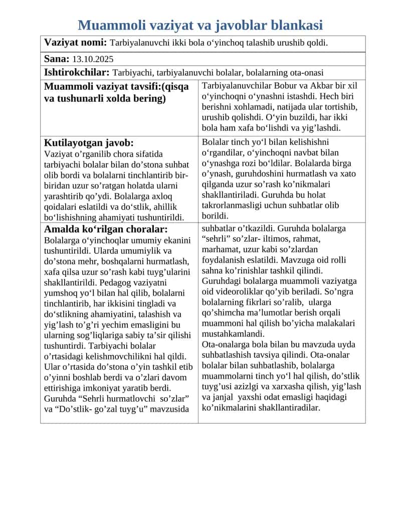 Muammoli vaziyat va javoblar blankasi 1