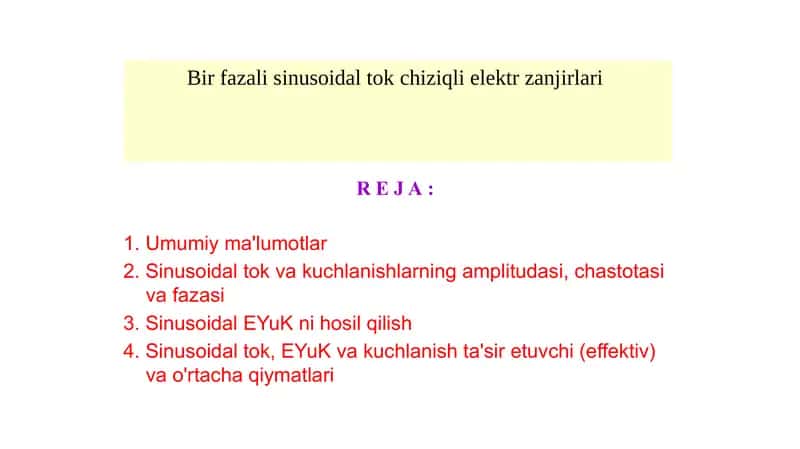 Bir fazali sinusoidal tok chiziqli elektr zanjirlari 1