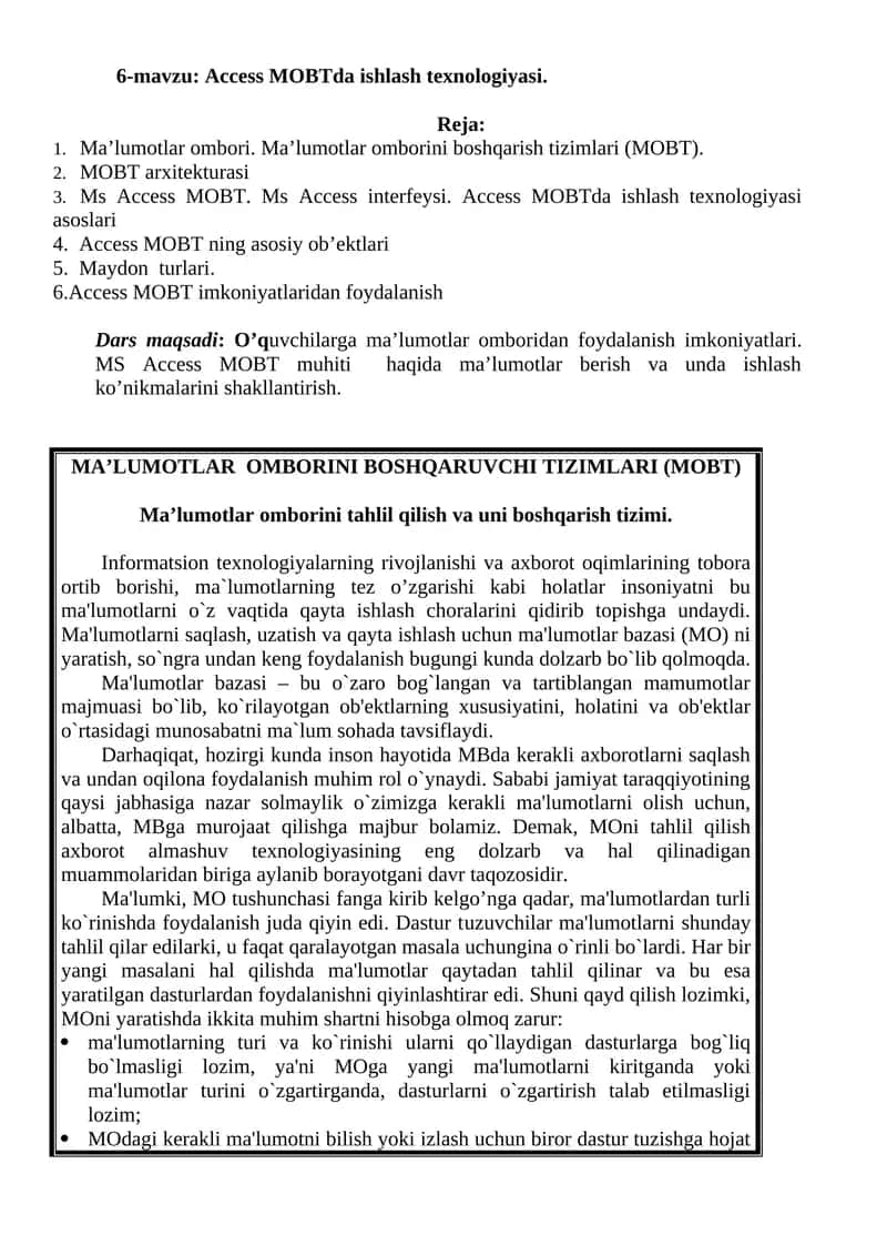 Access MOBTda ishlash texnologiyasi 1