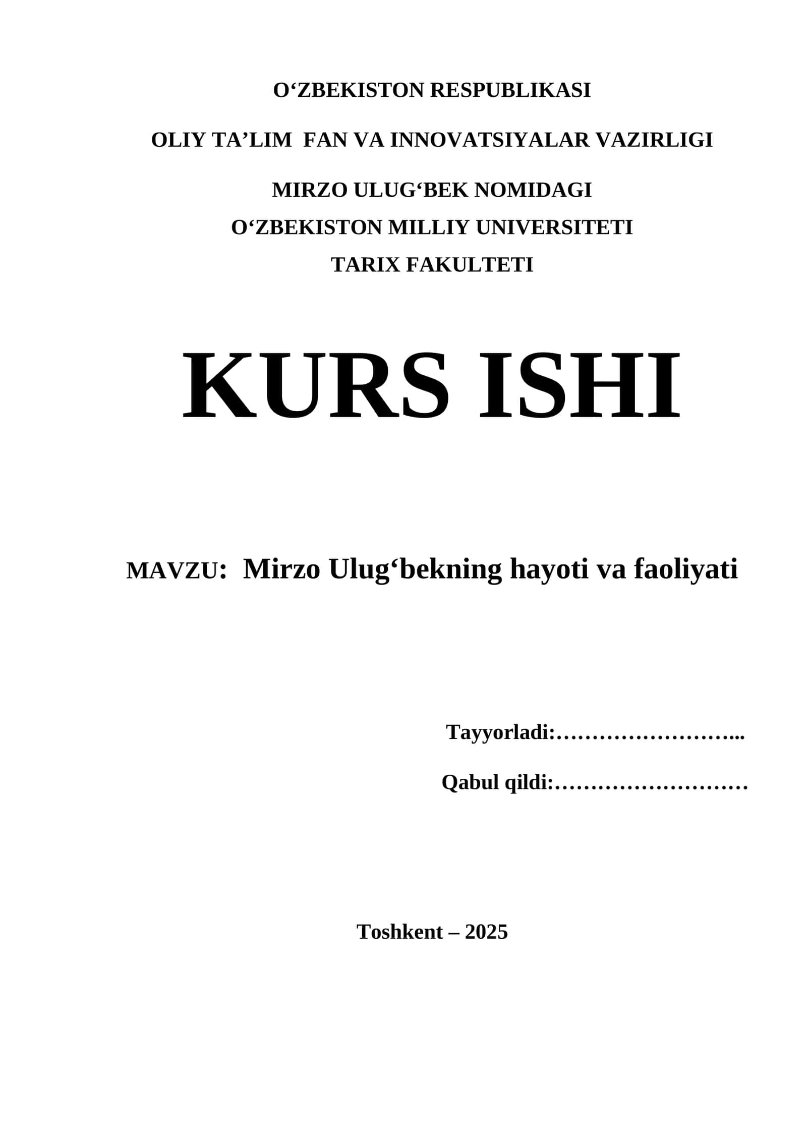 Mirzo Ulugʻbekning hayoti va faoliyati Kurs ishi 1