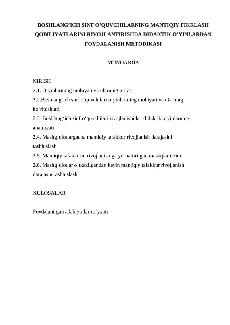 O‘QUVCHILARNING MANTIQIY FIKRLASH QOBILIYATLARINI RIVOJLANTIRISHDA DIDAKTIK O‘YINLARDAN FOYDALANISH METODIKASI 1