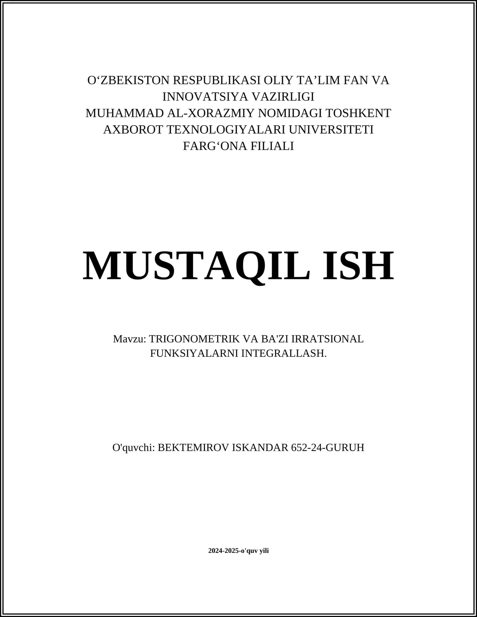 TRIGONOMETRIK VA BA'ZI IRRATSIONAL FUNKSIYALARNI INTEGRALLASH 1