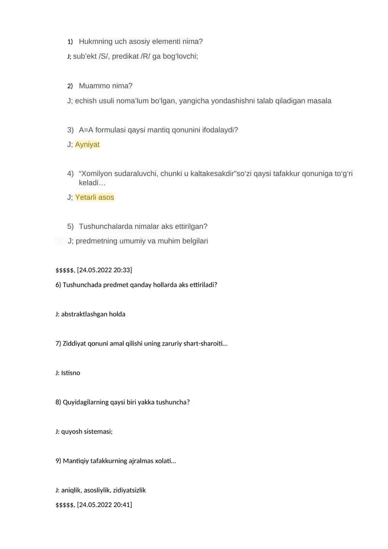 Mantiq fanidan Savollari va Javoblari 1