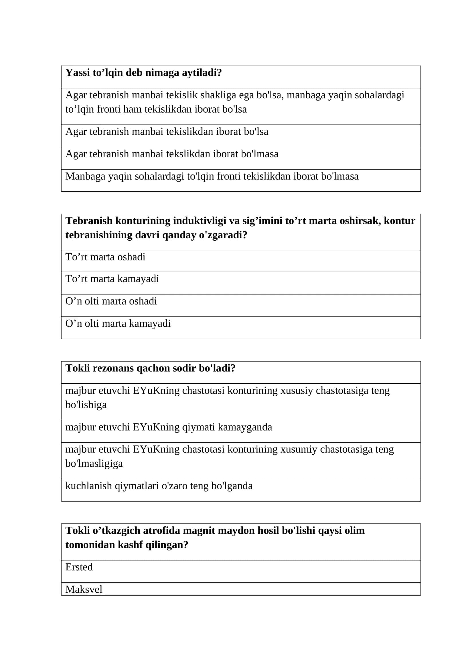 Fizika fani oraliq testlar 1
