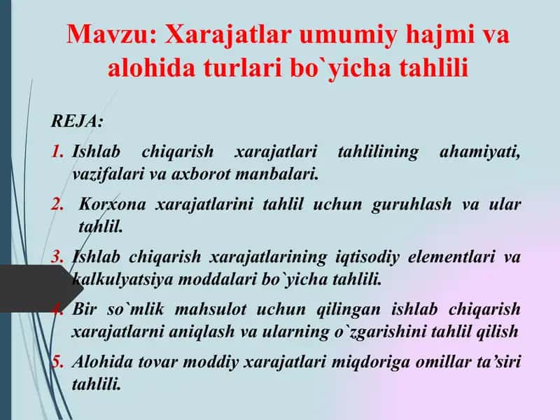 Ishlab chiqarish xarajatlari tahlili 1