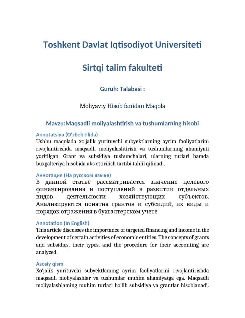 Maqsadli moliyalashtirish va tushumlarning hisobi 1