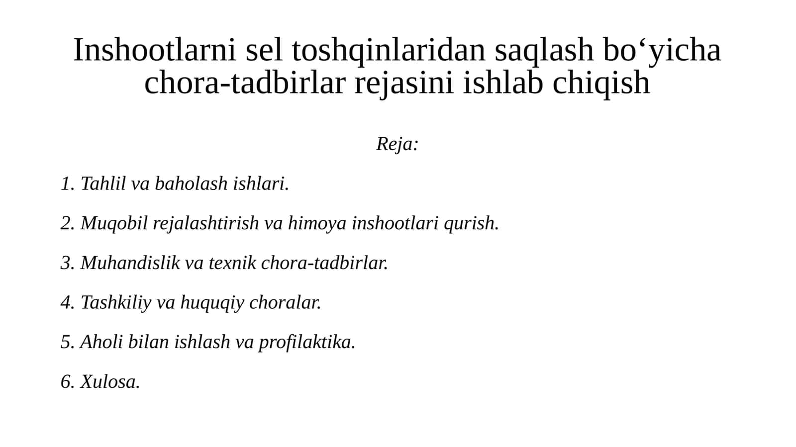 Inshootlarni seltoshqinlari dansaqlash bo‘yicha chora-tadbirlar rejasini ishlab chiqish 1