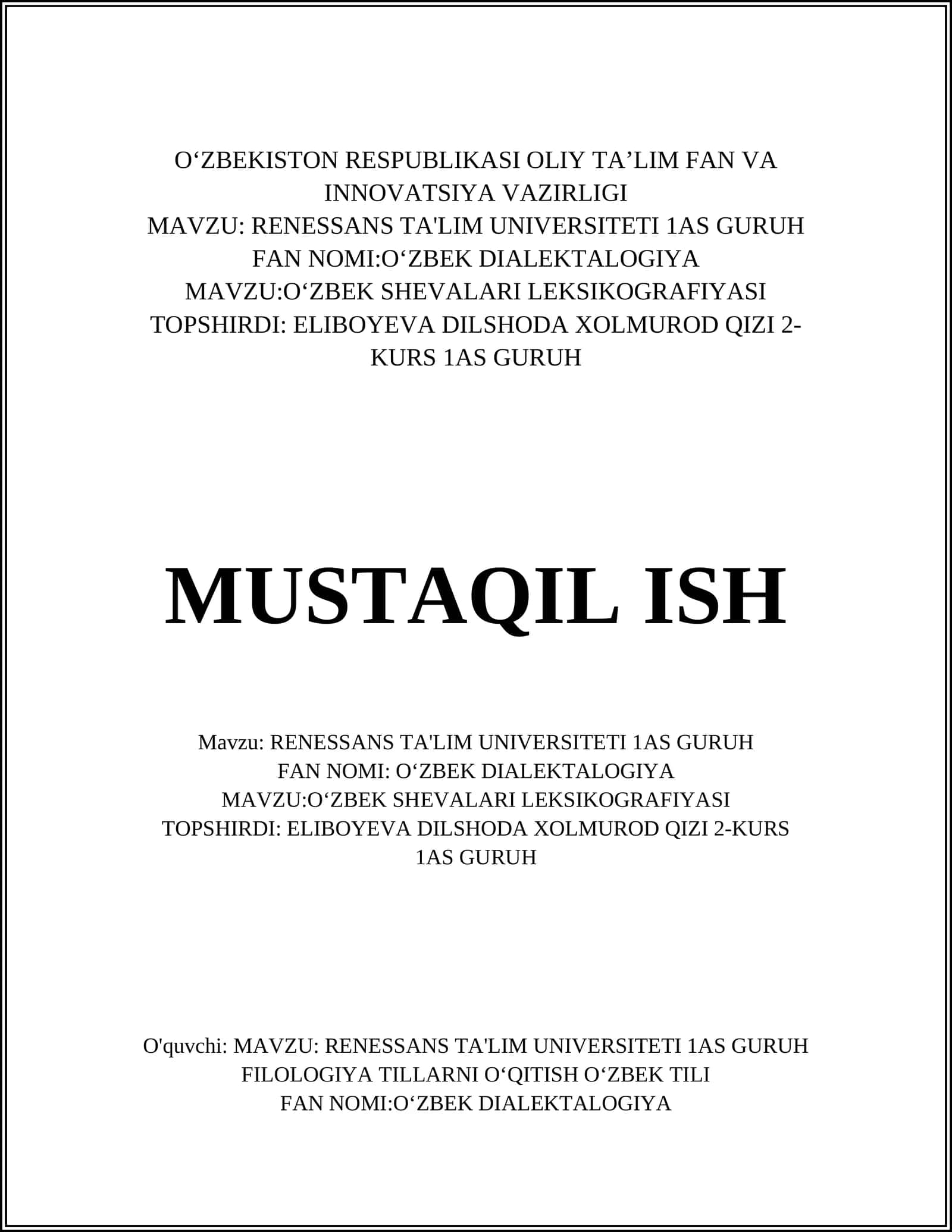OʻZBEK SHEVALARI LEKSIKOGRAFIYASI 1