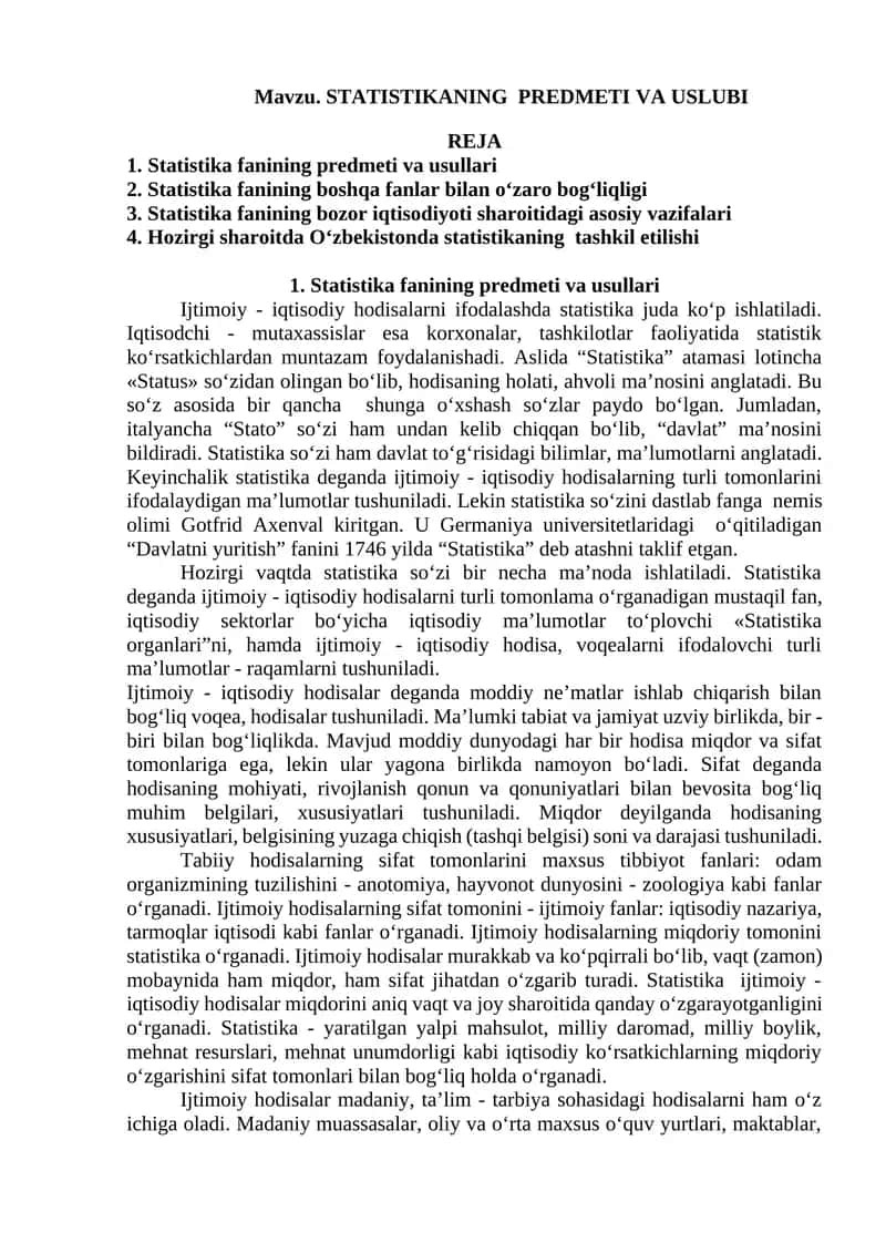 STATISTIKANING PREDMETI VA USLUBI 1