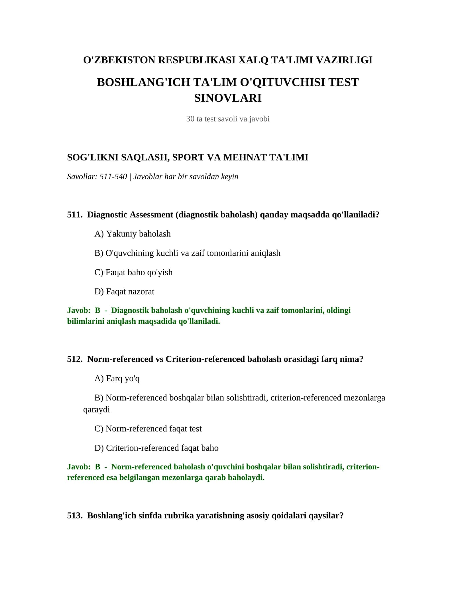 BOSHLANG'ICH TA'LIM O'QITUVCHISI TEST SINOVLARI 1