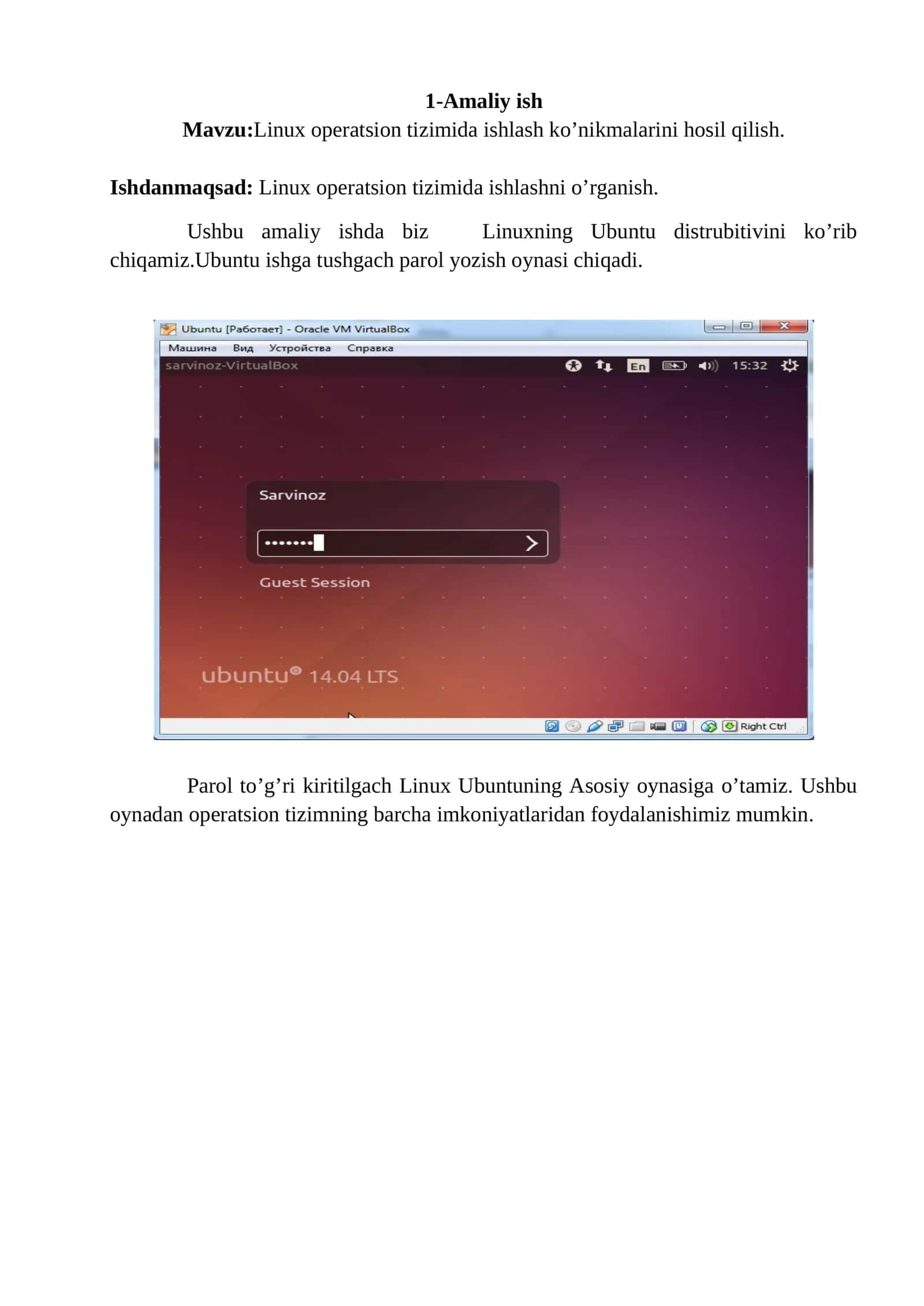 Linux operatsion tizimida ishlash ko’nikmalarini hosil qilish 1
