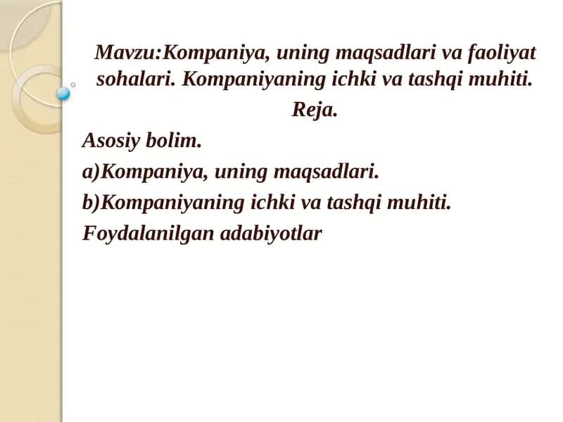Kompaniya, uning maqsadlari va faoliyat sohalari 1
