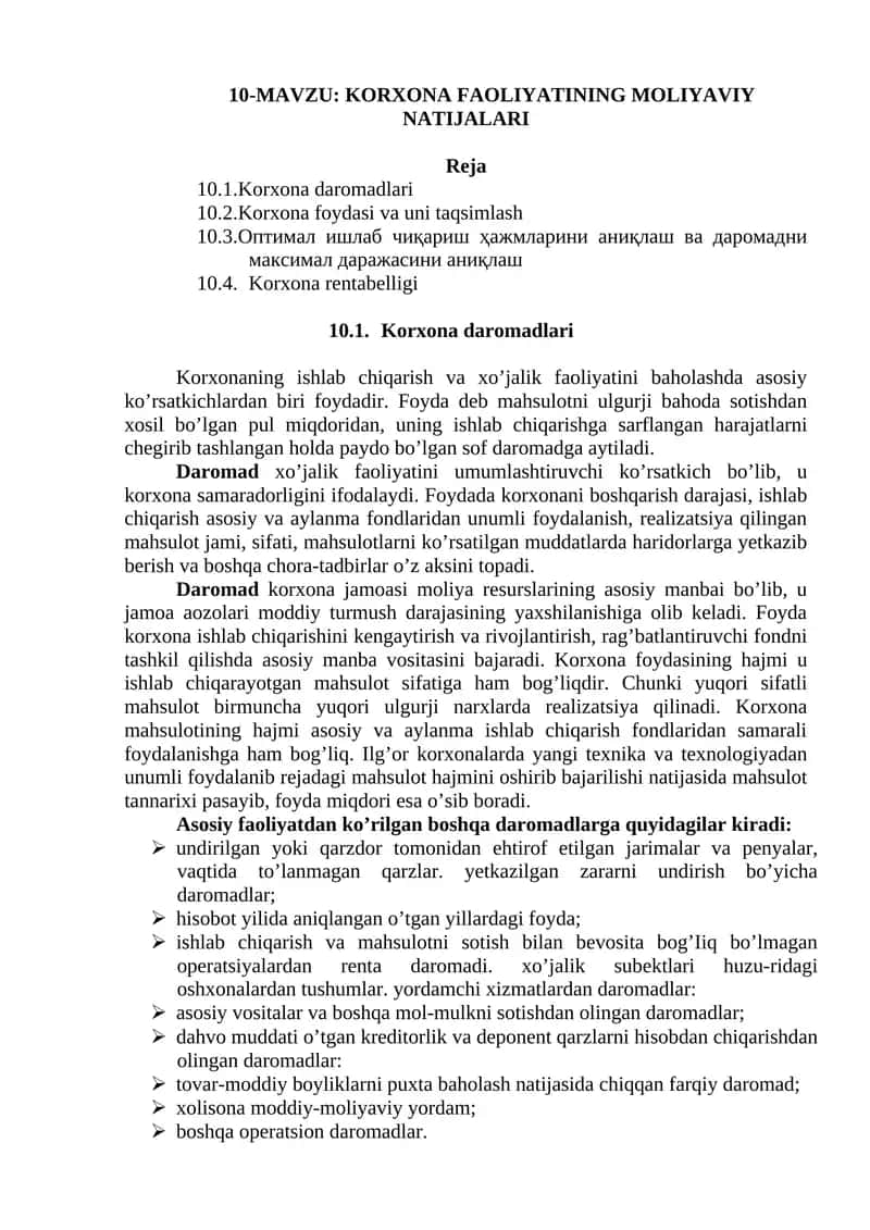 KORXONA FAOLIYATINING MOLIYAVIY NATIJALARI 1