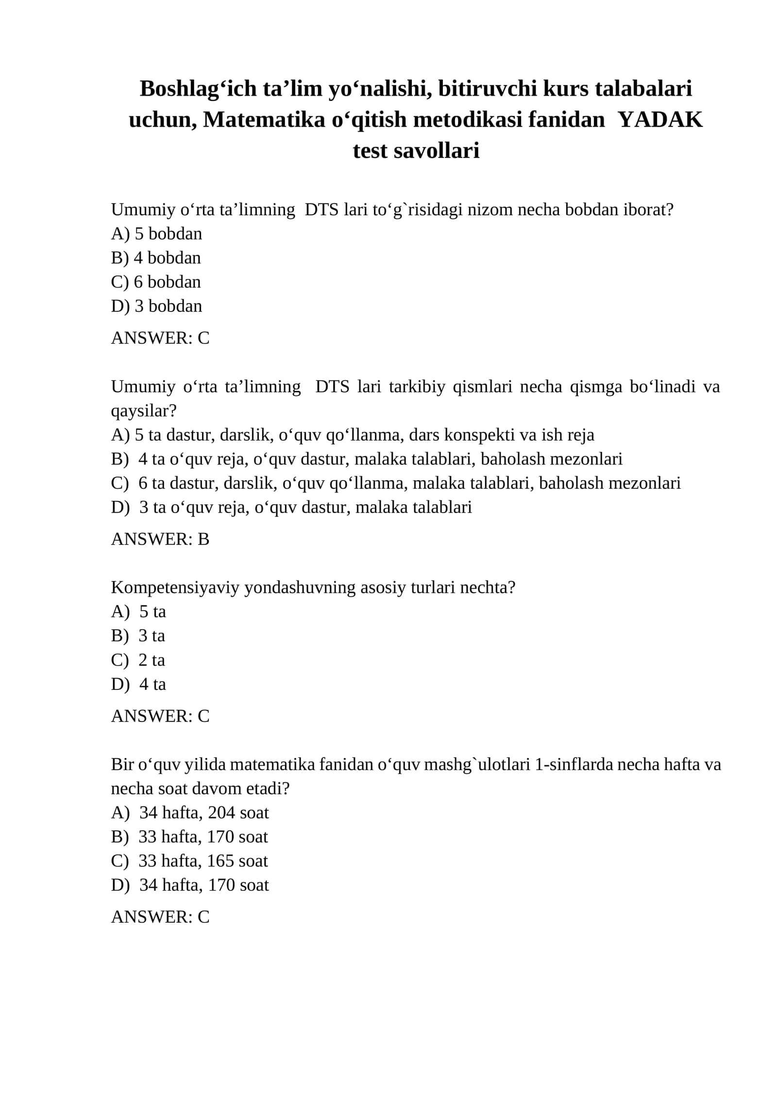 Matematika o‘qitish metodikasi fanidan  YADAK test savollari 1