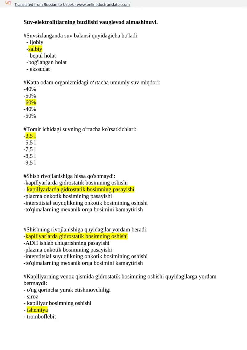 Suv-elektrolitlarning buzilishi vauglevod almashinuvi test 1