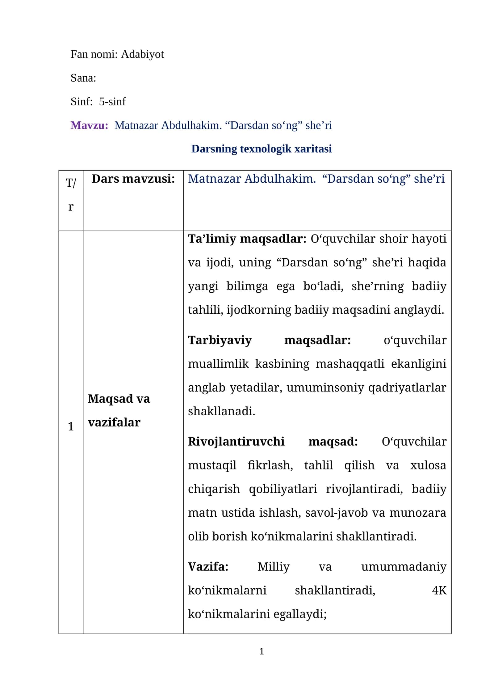 Matnazar Abdulhakim. “Darsdan so‘ng” she’ri 1