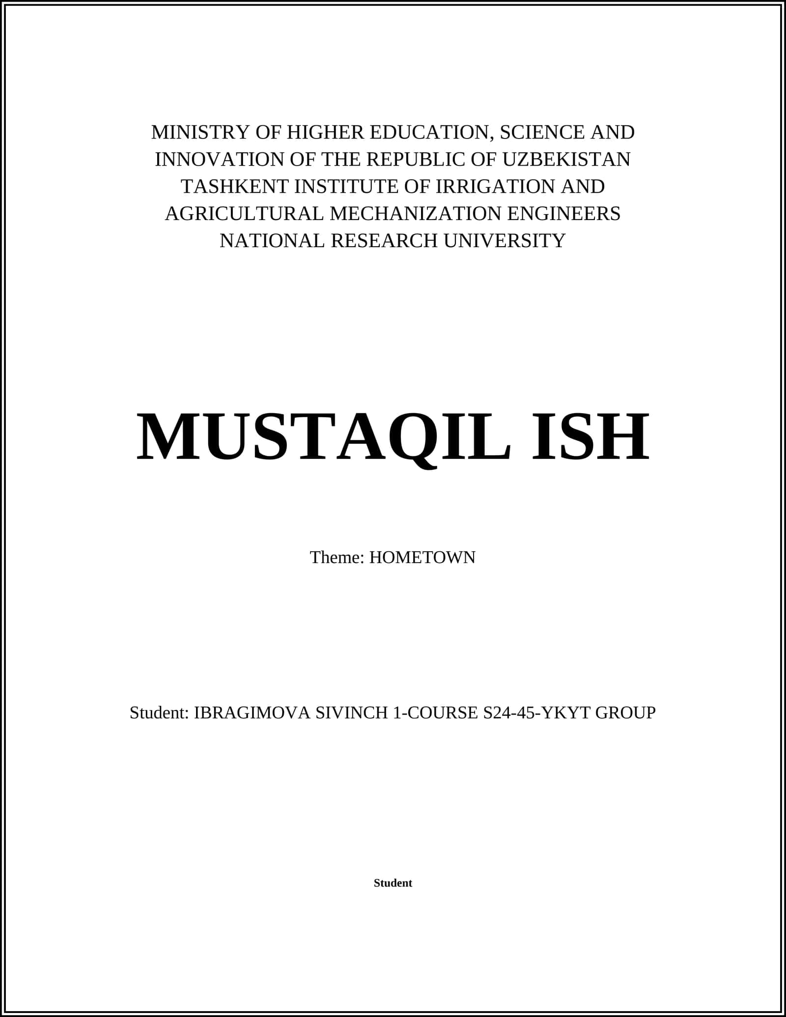 MUSTAQIL ISH "HOMETOWN" 1