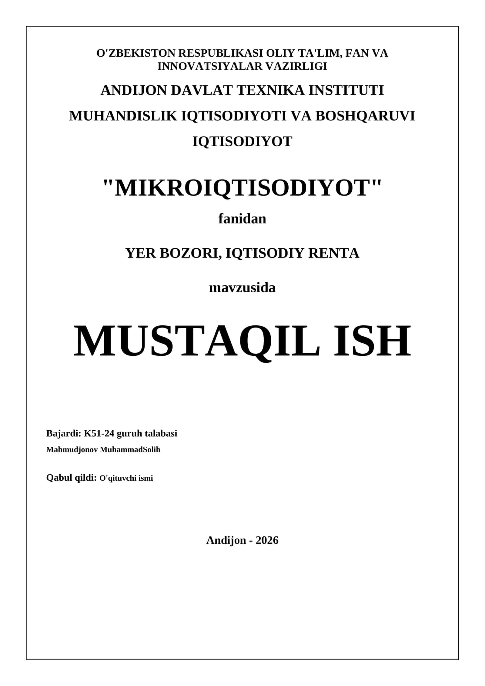 YER BOZORI, IQTISODIY RENTA 1
