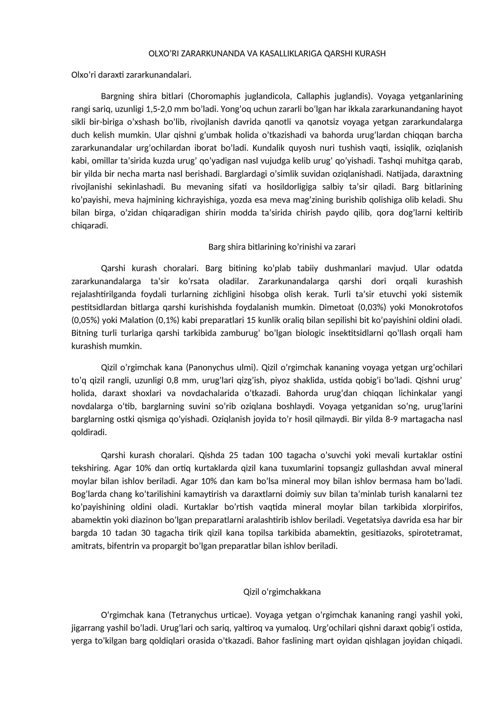 OLXOʼRI ZАRАRKUNАNDА VА KАSАLLIKLАRIGА QАRSHI KURАSH 1