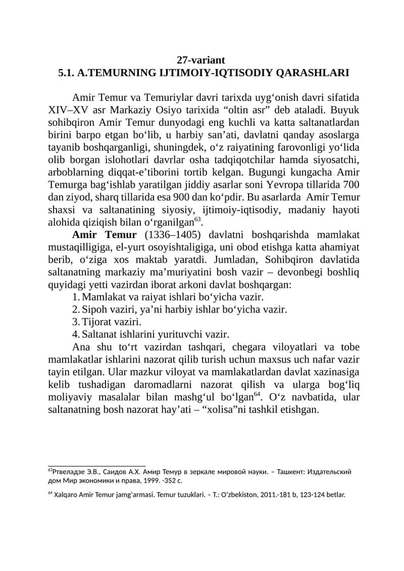 A.TEMURNING IJTIMOIY-IQTISODIY QARASHLARI 1