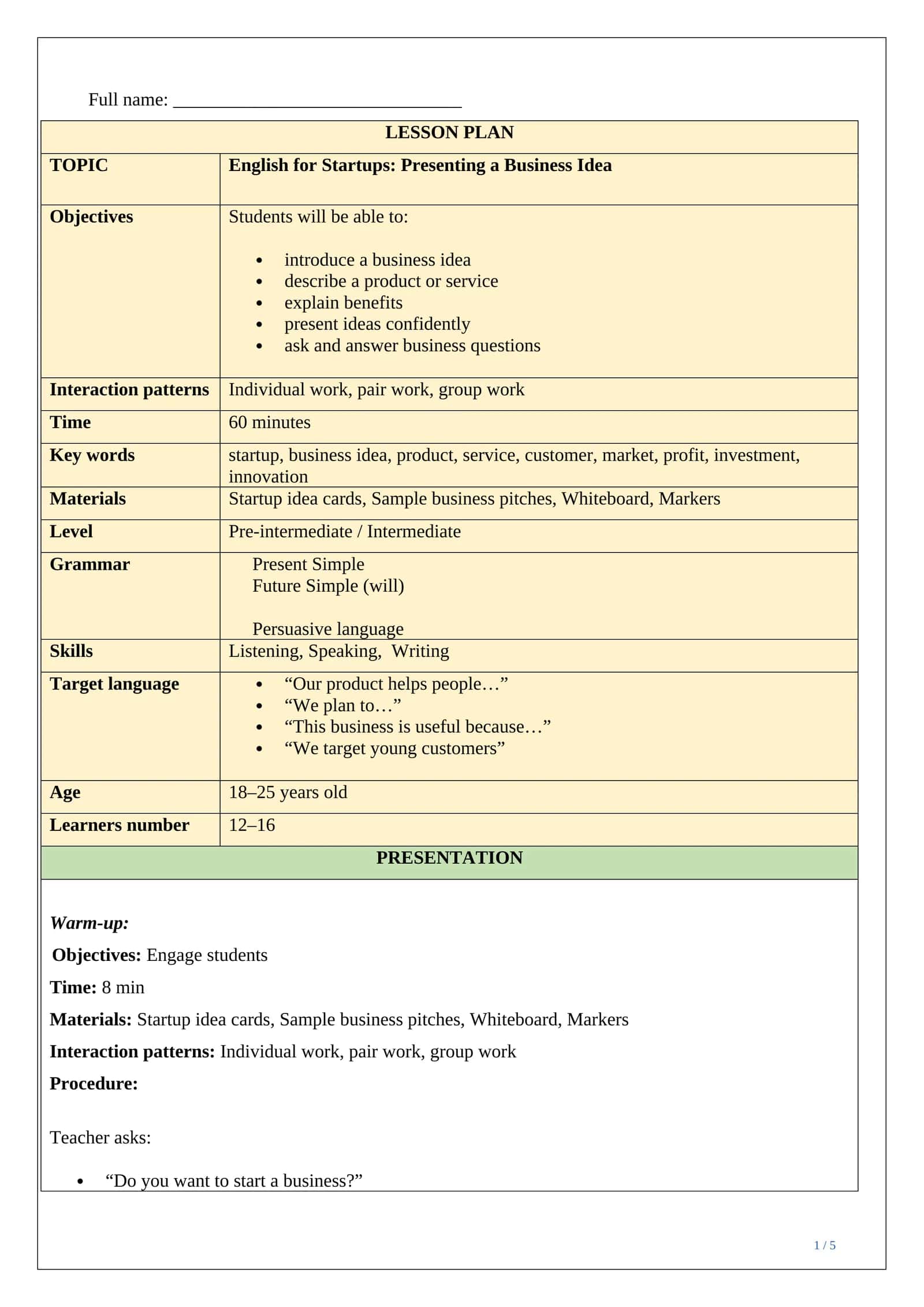 Lesson plan for teaching English for Startups 1